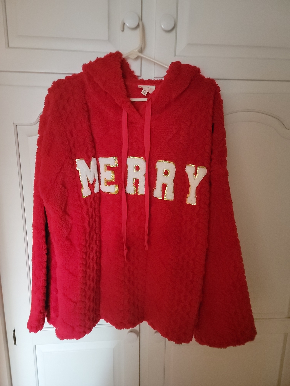 BiBi Bright Red Hooded Sweater with 'MERRY' Sequins